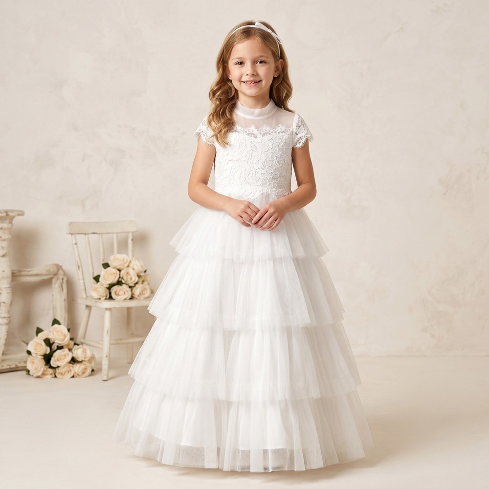 Trish Scully Gown Girls 6 White Lace Tulle Tiered Flower Girl‎ Communion Ruffle